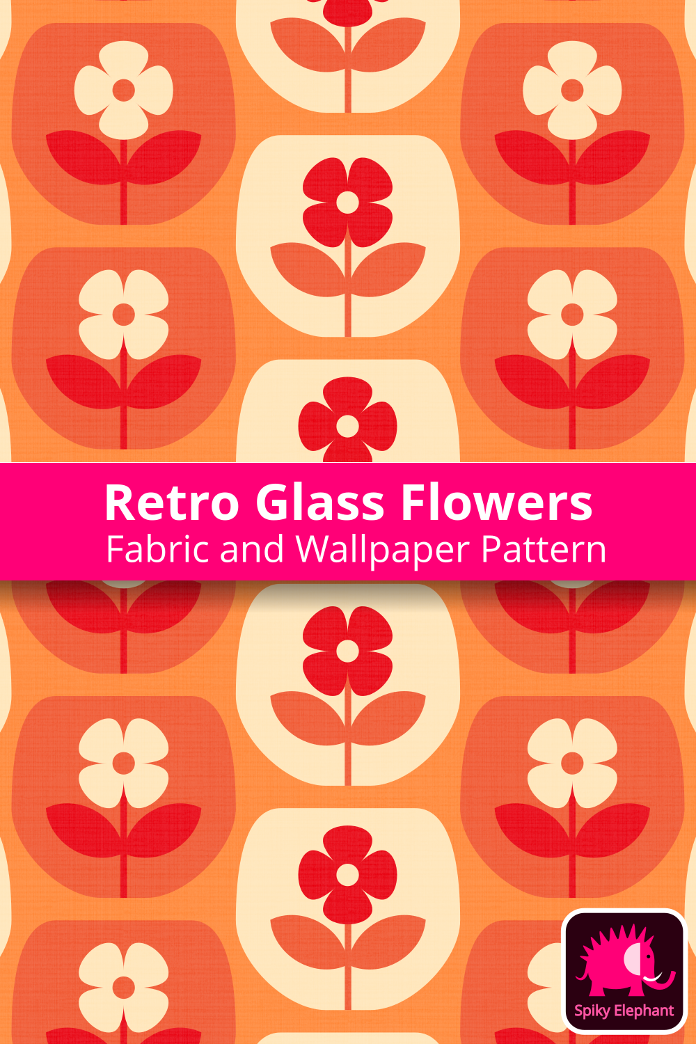 70s Retro Glass Flowers - White Cream, Funky Red, Orange wallpaper and fabric - White Cream, Funky Red, Orange