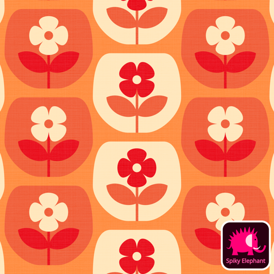 70s Retro Glass Flowers wallpaper and fabric - White Cream, Funky Red, Orange
