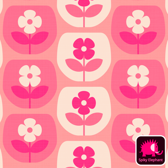 70s Retro Glass Flowers wallpaper and fabric - White Cream ,Girly Pink, Magenta 