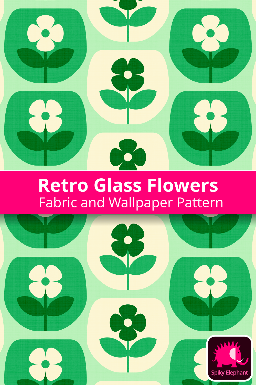 70s Retro Glass Flowers - White Cream, Mint Green, Pine Green, Emerald Green wallpaper and fabric - White Cream, Mint Green, Pine Green, Emerald Green