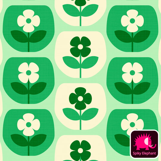 70s Retro Glass Flowers wallpaper and fabric - White Cream, Mint Green, Pine Green, Emerald Green