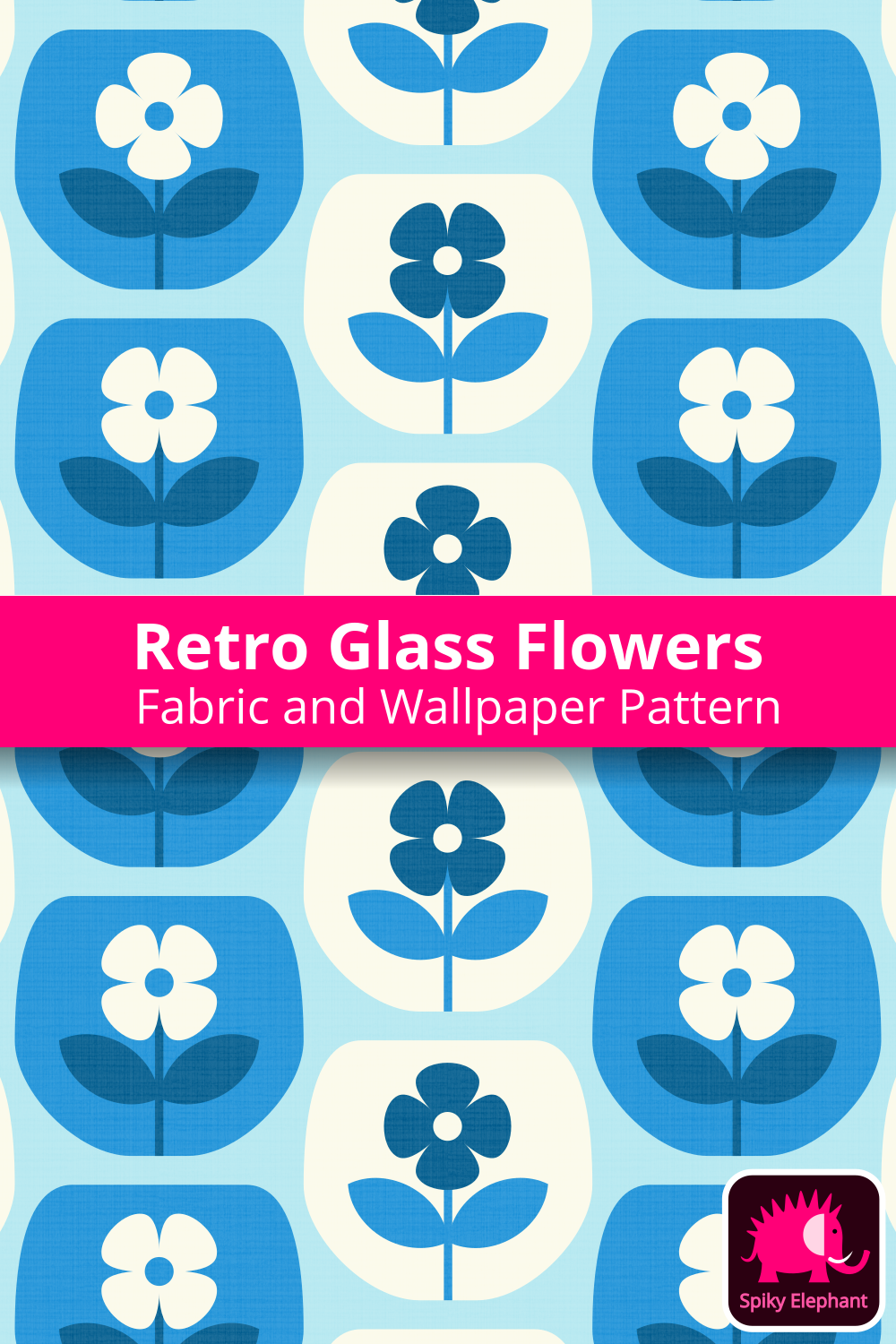 70s Retro Glass Flowers wallpaper and fabric - White Cream, Sky Blue, Cobalt Blue, Navy Blue