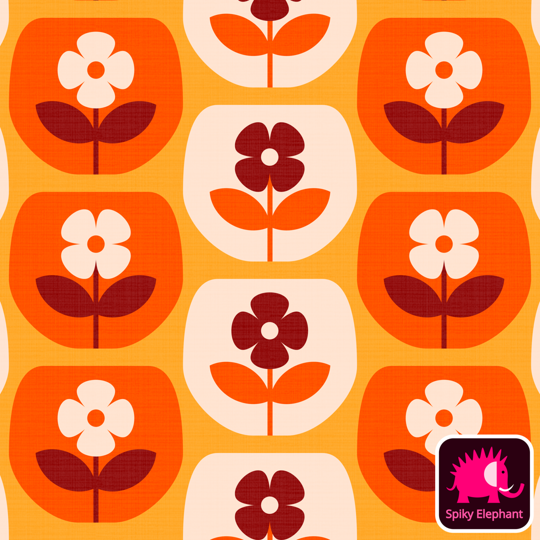 70s Retro Glass Flowers wallpaper and fabric - Yellow, Orange, Brown, Cream
