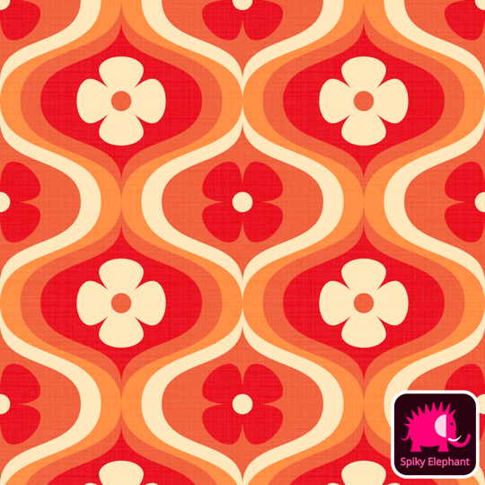 70s Retro Ogee Flowers wallpaper and fabric - White Cream, Funky Red, Orange