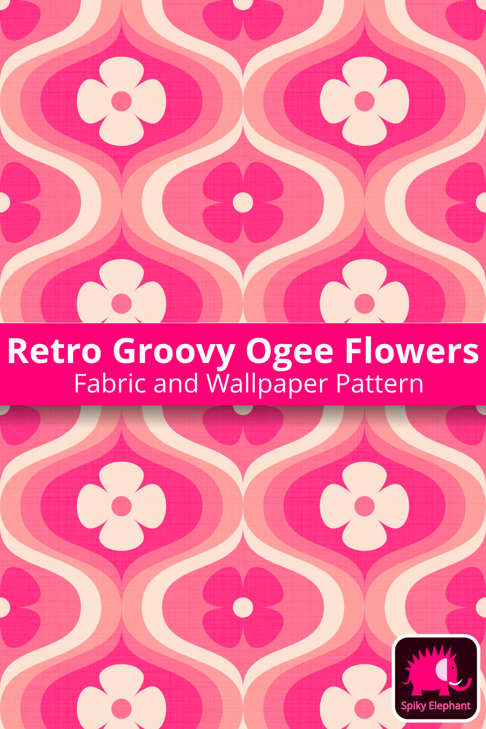 70s Retro Ogee Flowers - White Cream ,Girly Pink, Magenta  wallpaper and fabric - White Cream ,Girly Pink, Magenta 