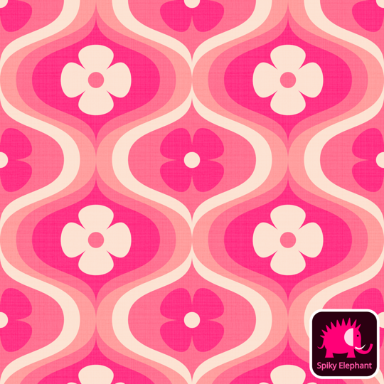 70s Retro Ogee Flowers wallpaper and fabric - White Cream ,Girly Pink, Magenta 