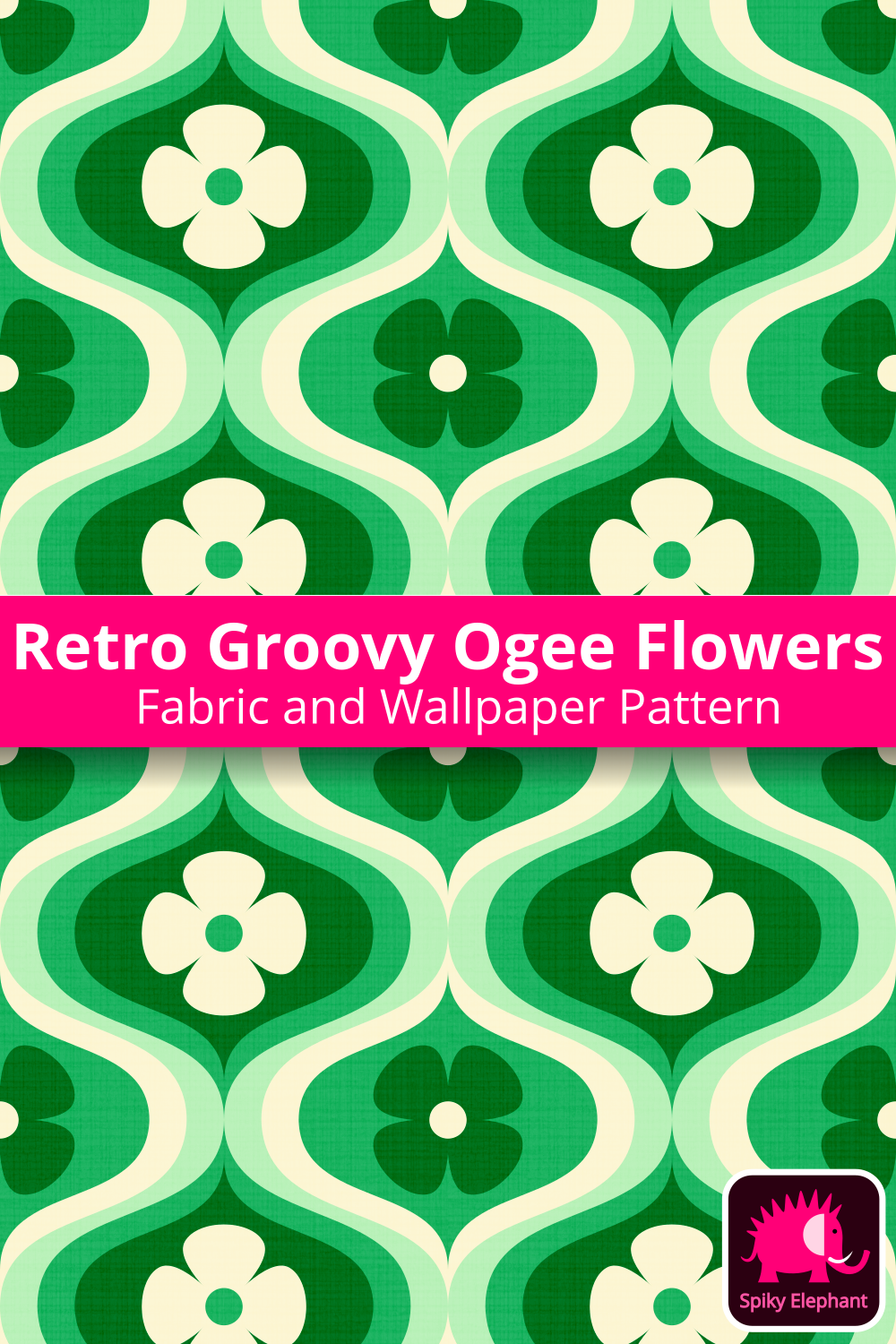 70s Retro Ogee Flowers - White Cream, Mint Green, Pine Green, Emerald Green wallpaper and fabric - White Cream, Mint Green, Pine Green, Emerald Green