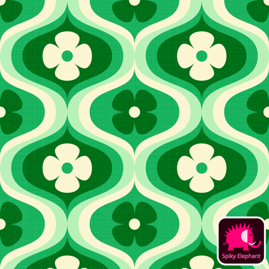 70s Retro Ogee Flowers wallpaper and fabric - White Cream, Mint Green, Pine Green, Emerald Green