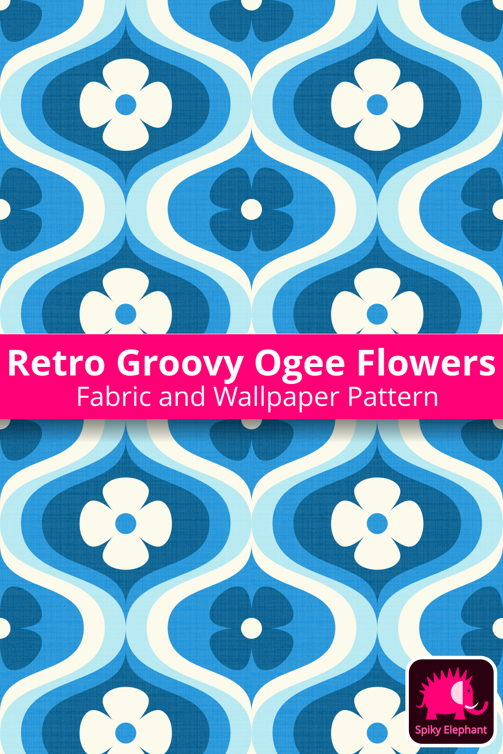 70s Retro Ogee Flowers - White Cream, Sky Blue, Cobalt Blue, Navy Blue wallpaper and fabric - White Cream, Sky Blue, Cobalt Blue, Navy Blue
