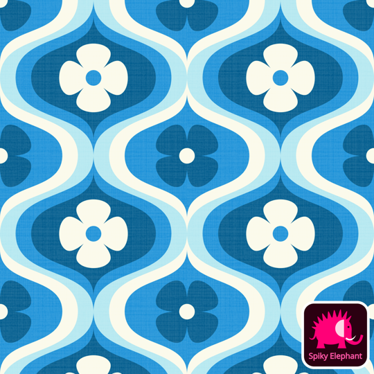 70s Retro Ogee Flowers wallpaper and fabric - White Cream, Sky Blue, Cobalt Blue, Navy Blue