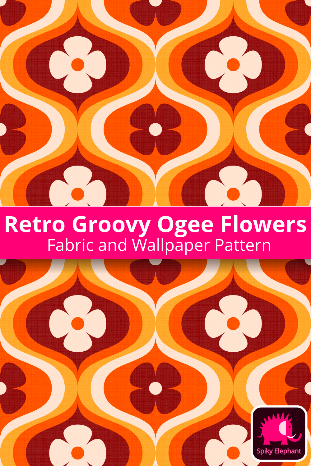 70s Retro Ogee Flowers wallpaper and fabric - Yellow, Orange, Brown, Cream