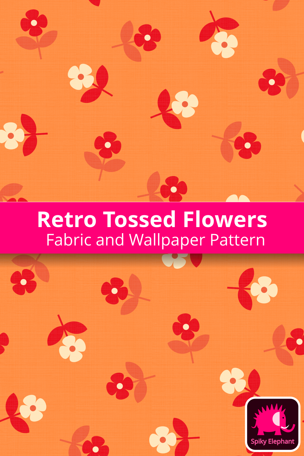70s Retro Tossed Flowers - White Cream, Funky Red, Orange wallpaper and fabric - White Cream, Funky Red, Orange