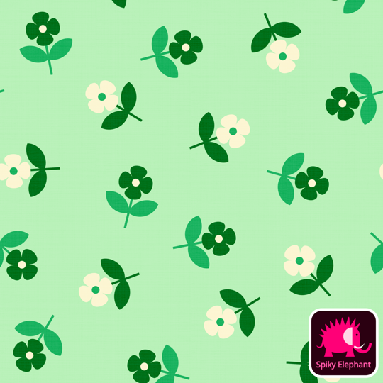 70s Retro Tossed Flowers wallpaper and fabric - White Cream, Mint Green, Pine Green, Emerald Green