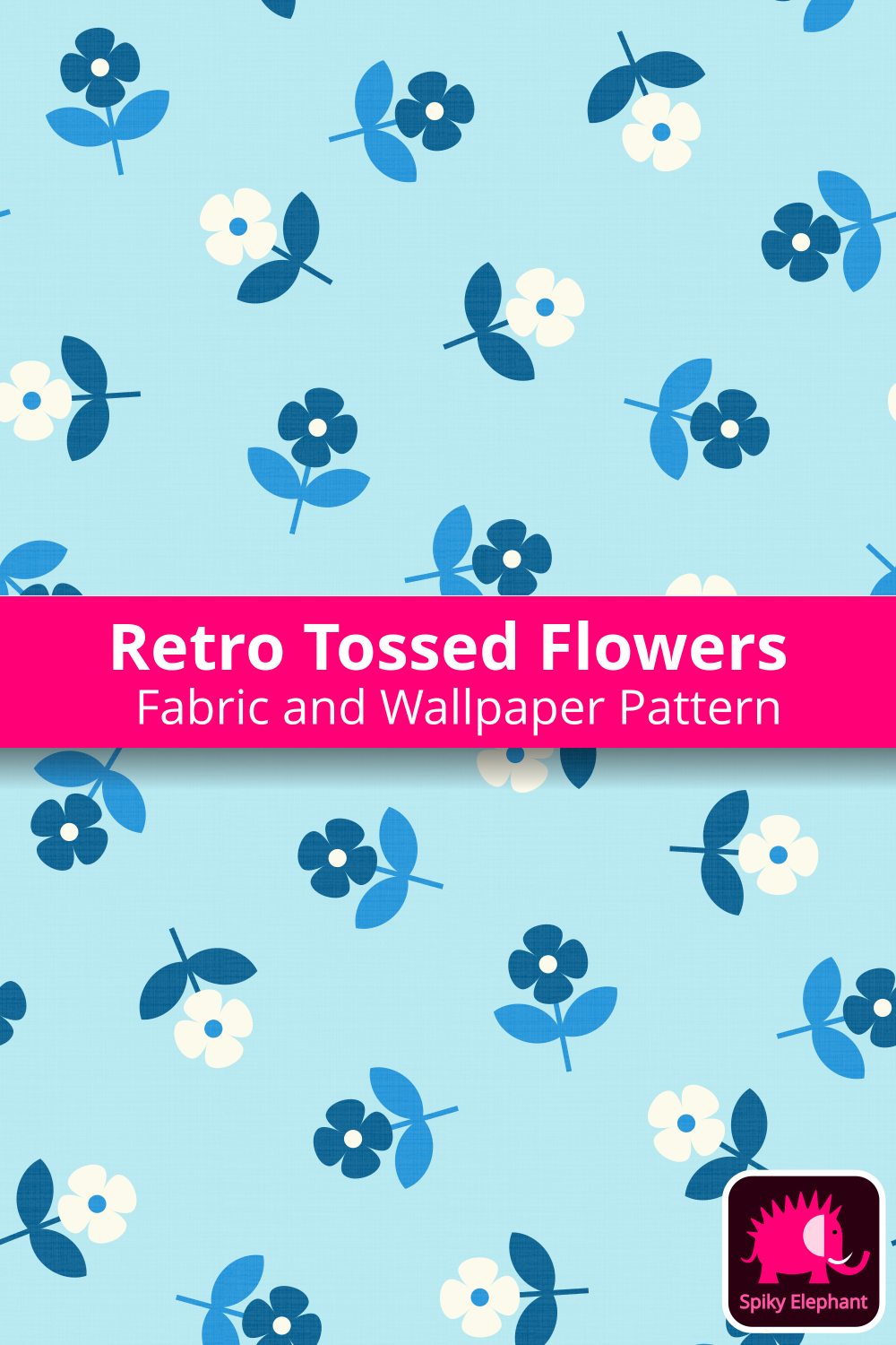 70s Retro Tossed Flowers - White Cream, Sky Blue, Cobalt Blue, Navy Blue wallpaper and fabric - White Cream, Sky Blue, Cobalt Blue, Navy Blue