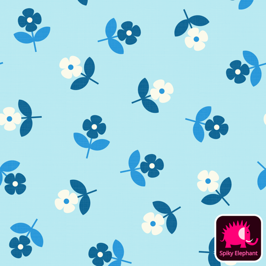 70s Retro Tossed Flowers wallpaper and fabric - White Cream, Sky Blue, Cobalt Blue, Navy Blue