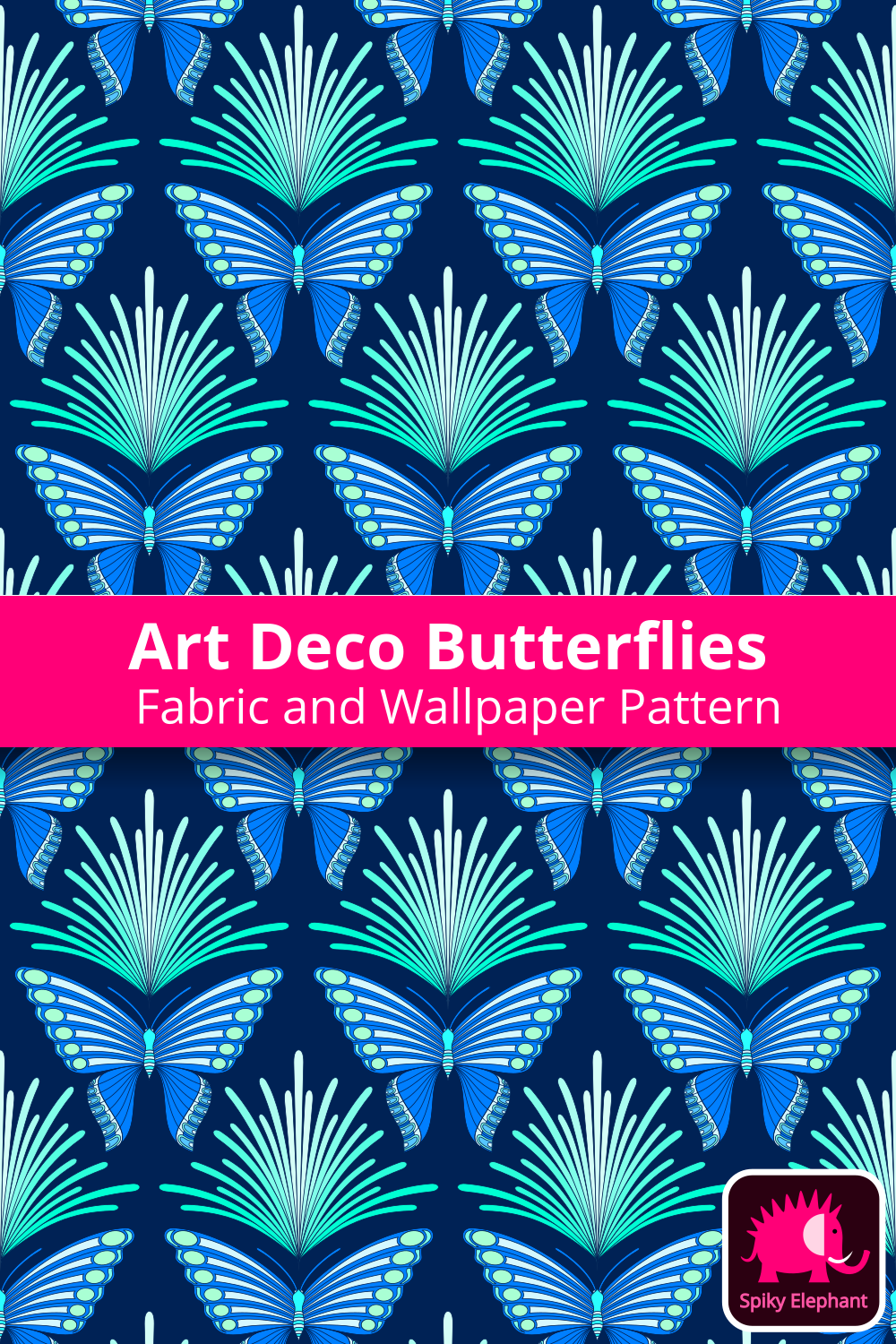 Art Deco Butterflies - Aqua, Blue and White on Navy Blue wallpaper and fabric - Aqua, Blue and White on Navy Blue