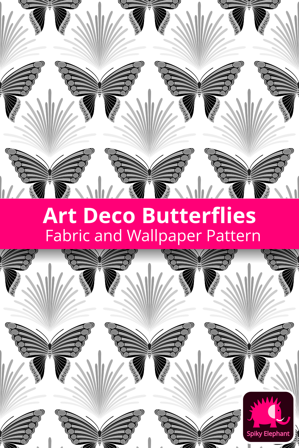 Art Deco Butterflies - Black on White wallpaper and fabric - Black on White