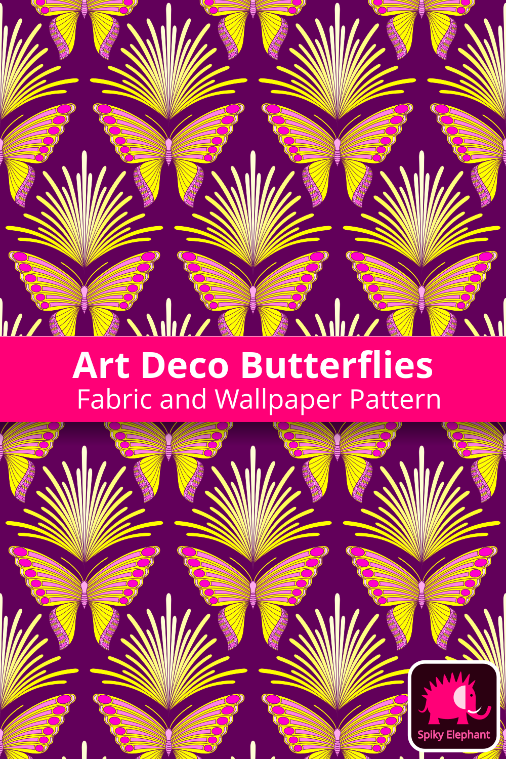 Art Deco Butterflies - Hot Pink and Yellow on Purple wallpaper and fabric - Hot Pink and Yellow on Purple
