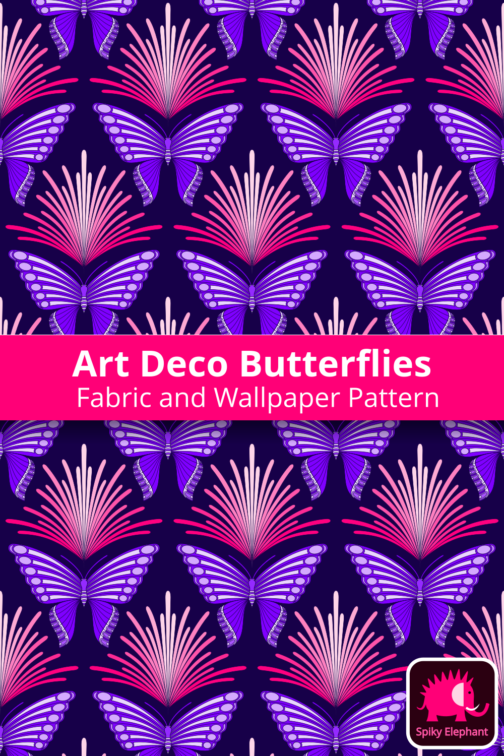 Art Deco Butterflies - Purple and Pink on Dark Blue wallpaper and fabric - Purple and Pink on Dark Blue