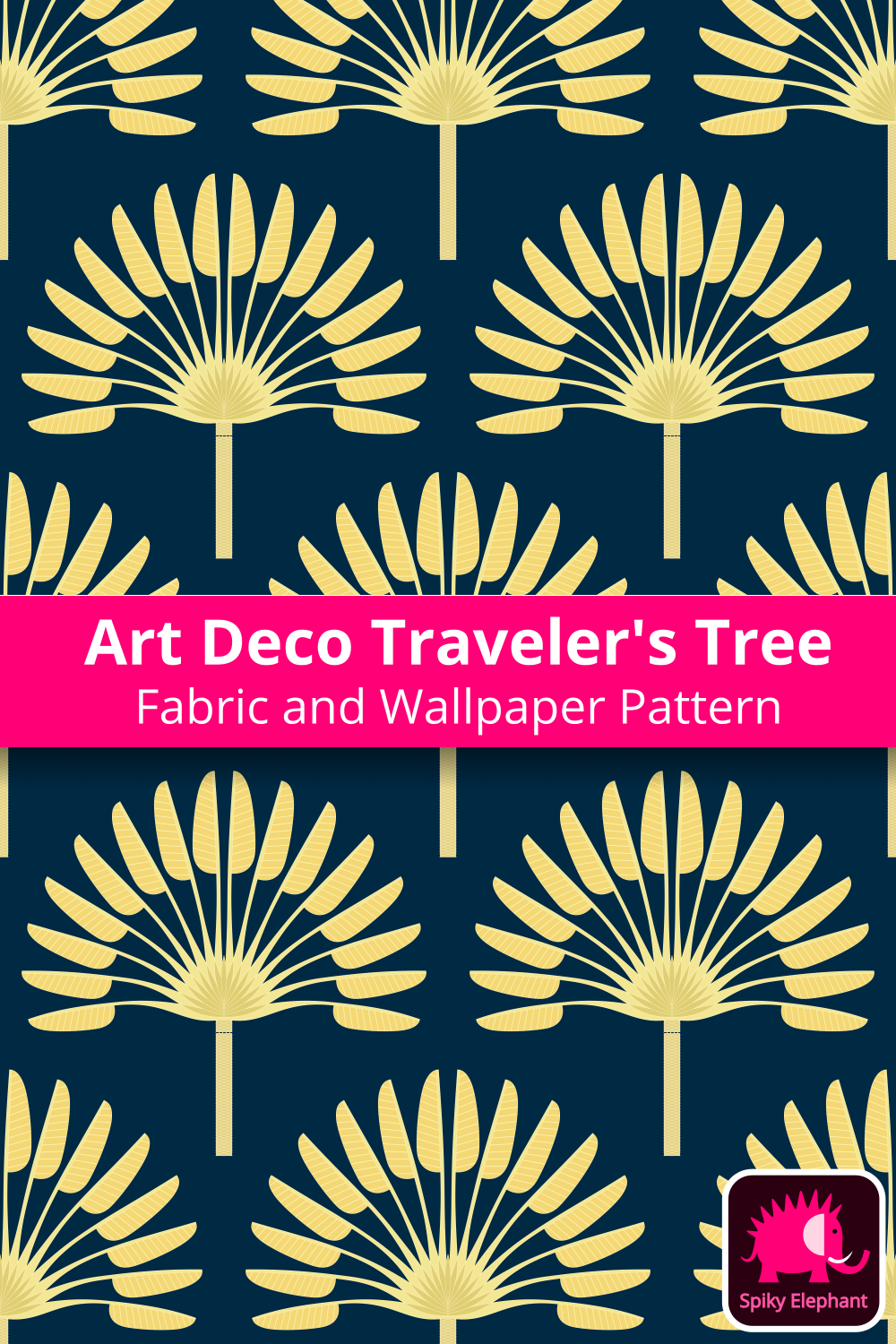 Art Deco East West Palm Tree - Traveller's Tree - Golden yellow palm tree, navy blue background wallpaper and fabric - Golden yellow palm tree, navy blue background