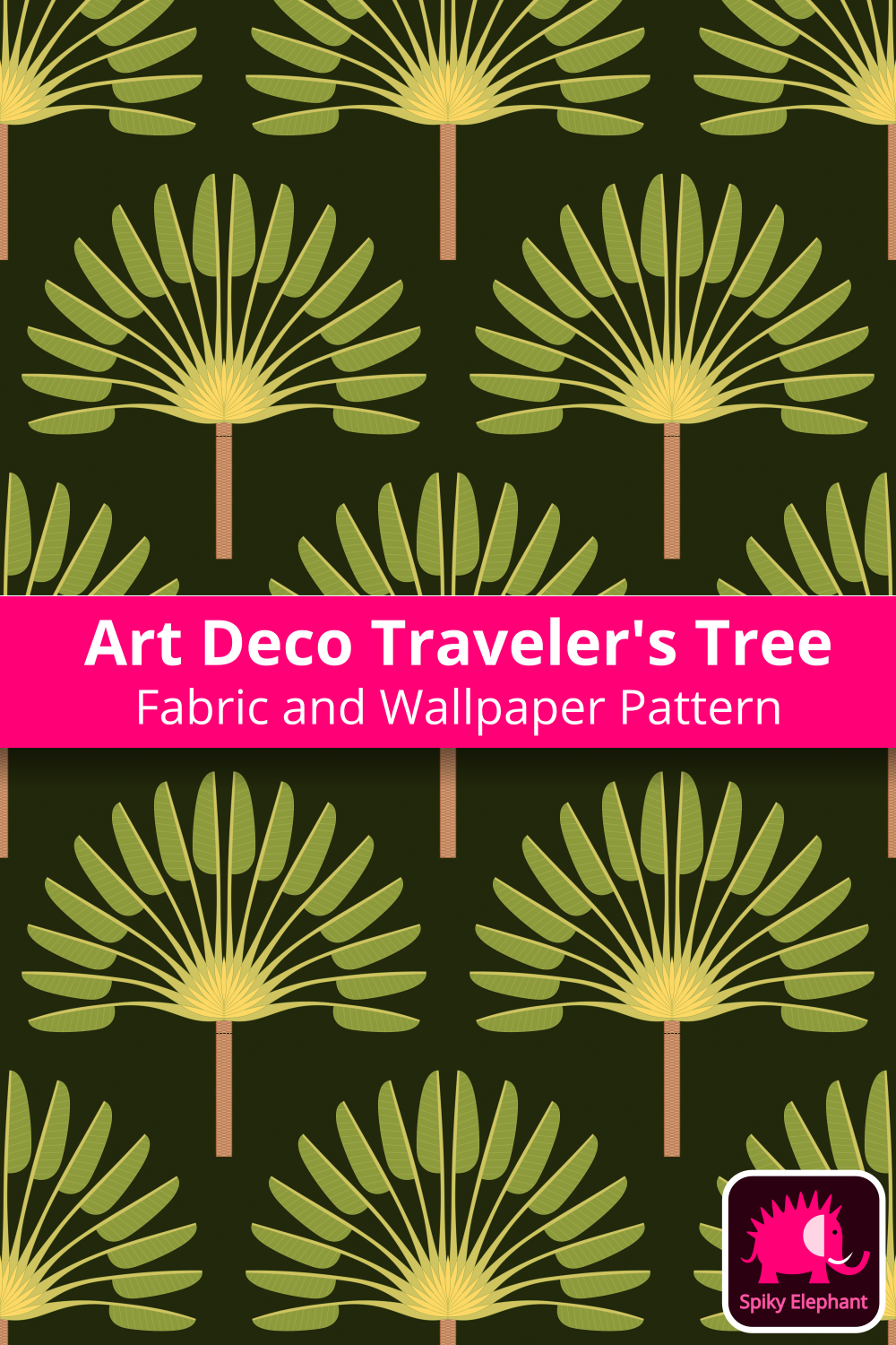 Art Deco East West Palm Tree - Traveller's Tree wallpaper and fabric - Green and yellow palm tree, dark green background