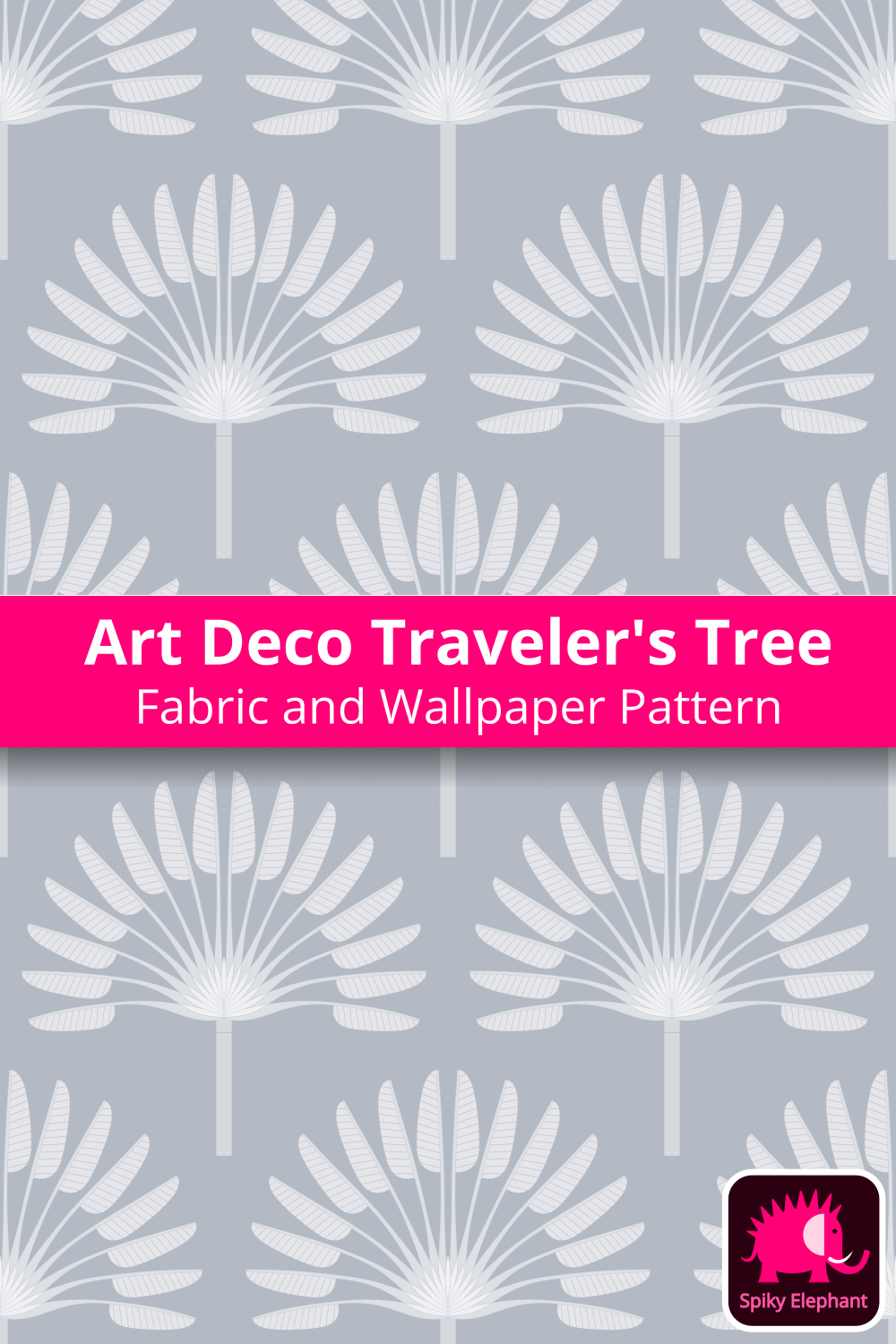 Art Deco East West Palm Tree - Traveller's Tree - Light grey palm tree, Oxford grey blue background wallpaper and fabric - Light grey palm tree, Oxford grey blue background
