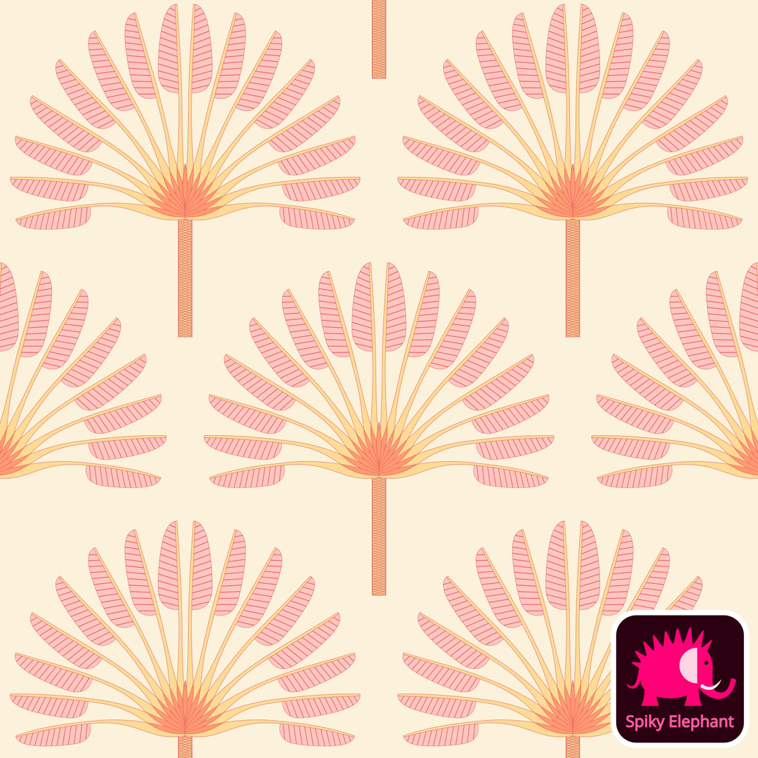 Art Deco East West Palm Tree - Traveller's Tree - Pink and orange palm tree, yellow cream background wallpaper and fabric - Pink and orange palm tree, yellow cream background