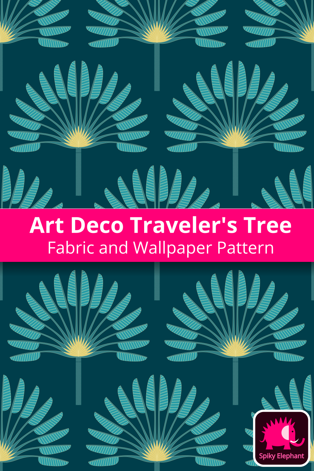 Art Deco East West Palm Tree - Traveller's Tree - Turquoise and gold palm tree, teal background wallpaper and fabric - Turquoise and gold palm tree, teal background