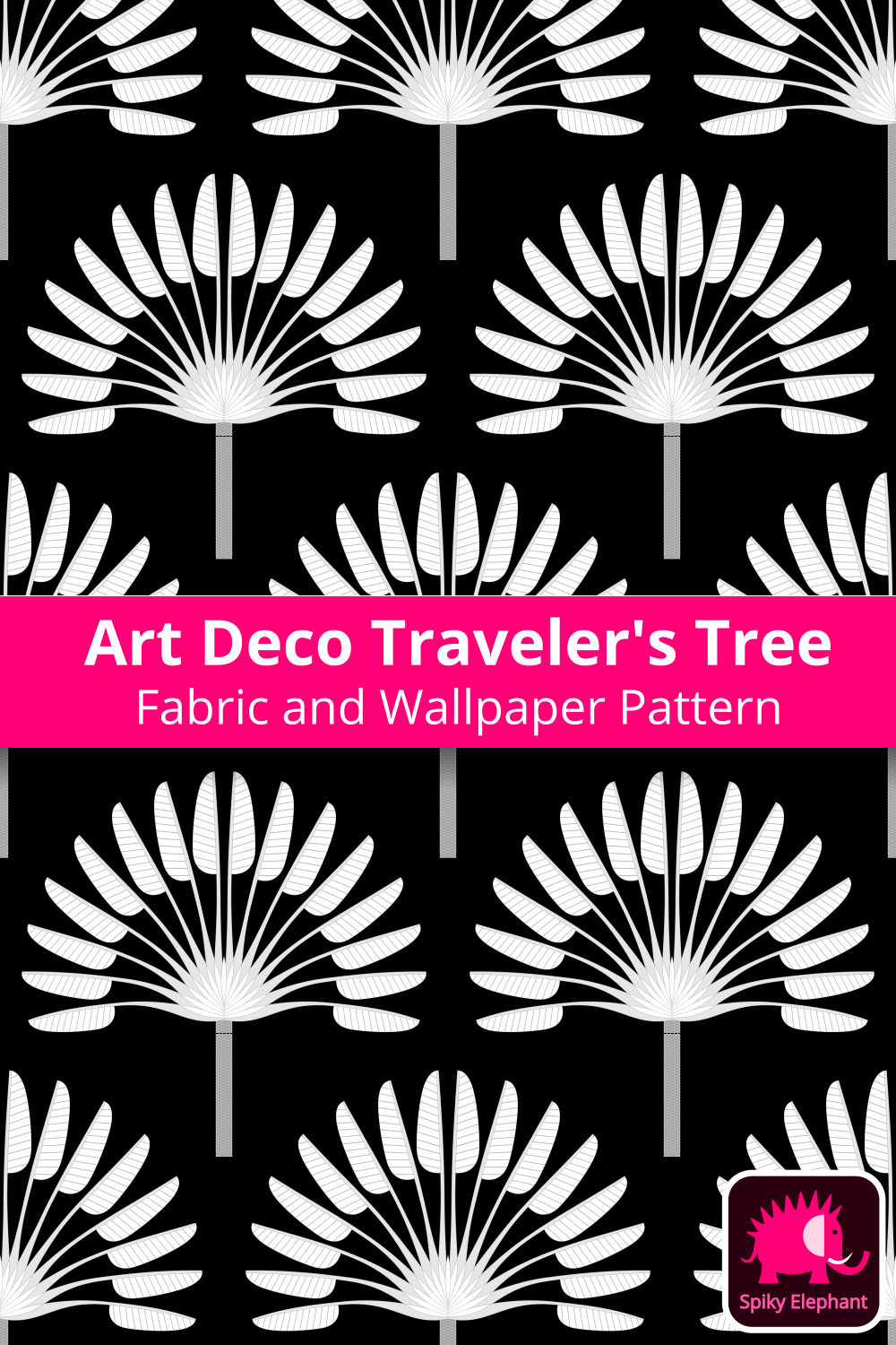 Art Deco East West Palm Tree - Traveller's Tree - White palm tree, black background wallpaper and fabric - White palm tree, black background