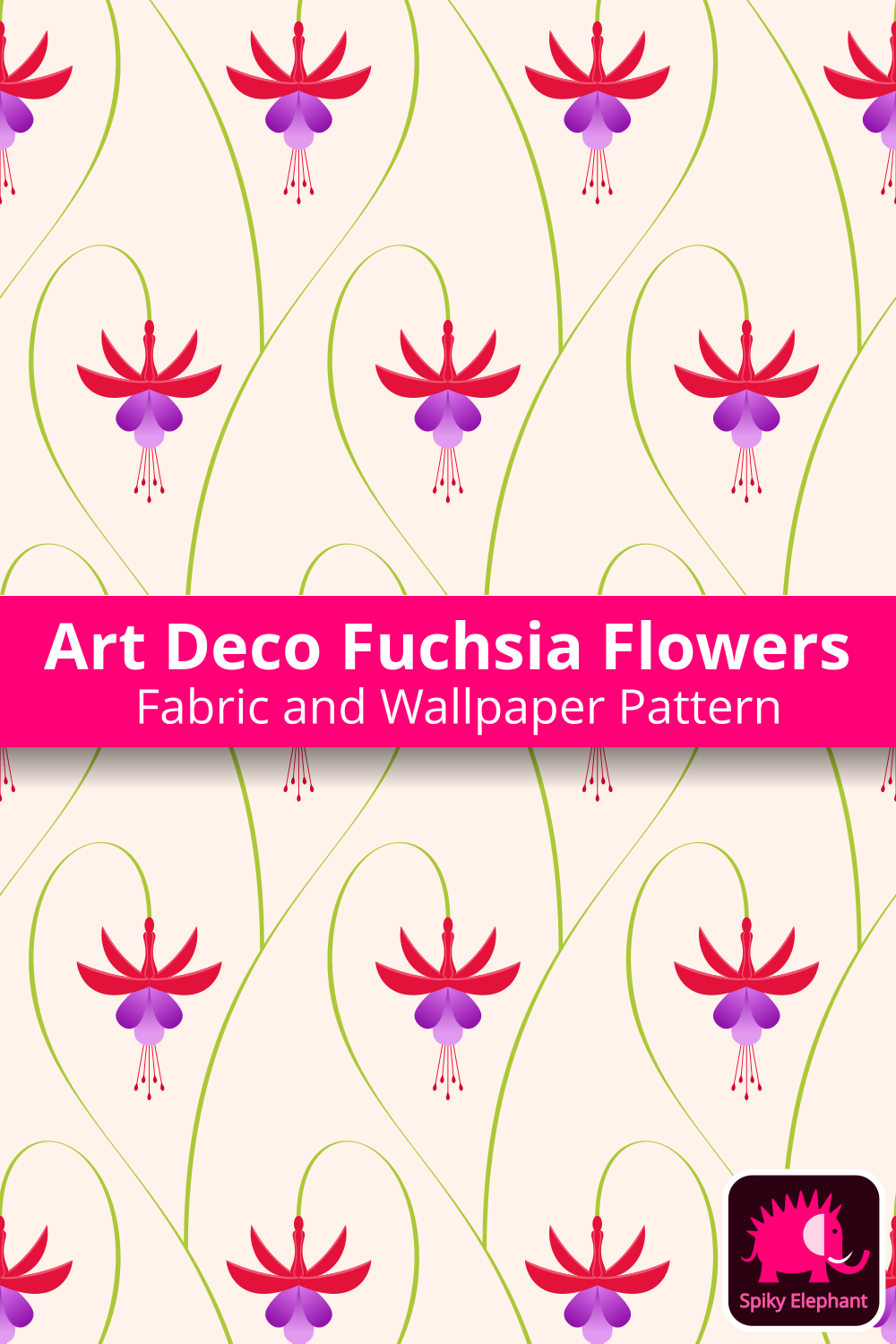 Art Deco Fuchsia Flowers - Red, Violet, Cream White wallpaper and fabric - Red, Violet, Cream White