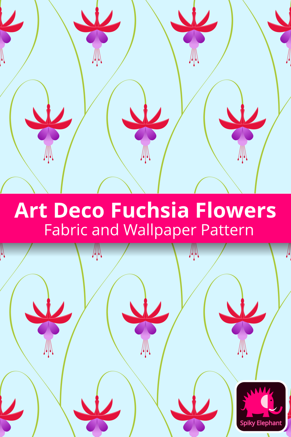 Art Deco Fuchsia Flowers - Red, Violet, Light Blue wallpaper and fabric - Red, Violet, Light Blue