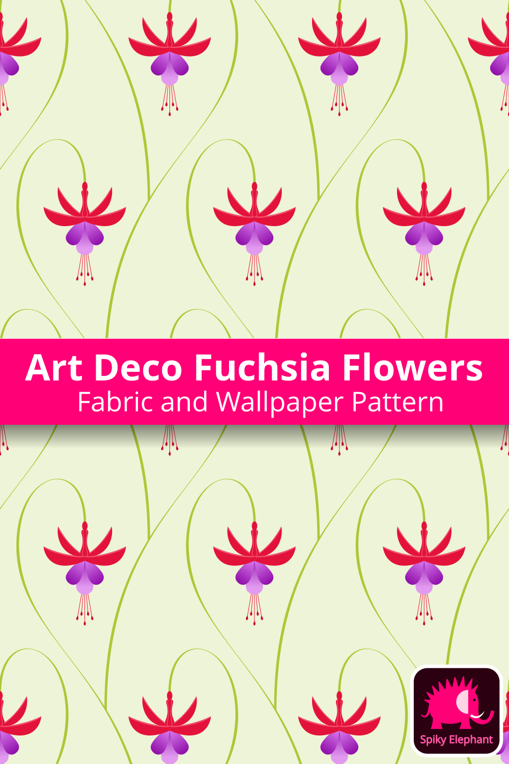 Art Deco Fuchsia Flowers - Red, Violet, Light Yellow Green wallpaper and fabric - Red, Violet, Light Yellow Green