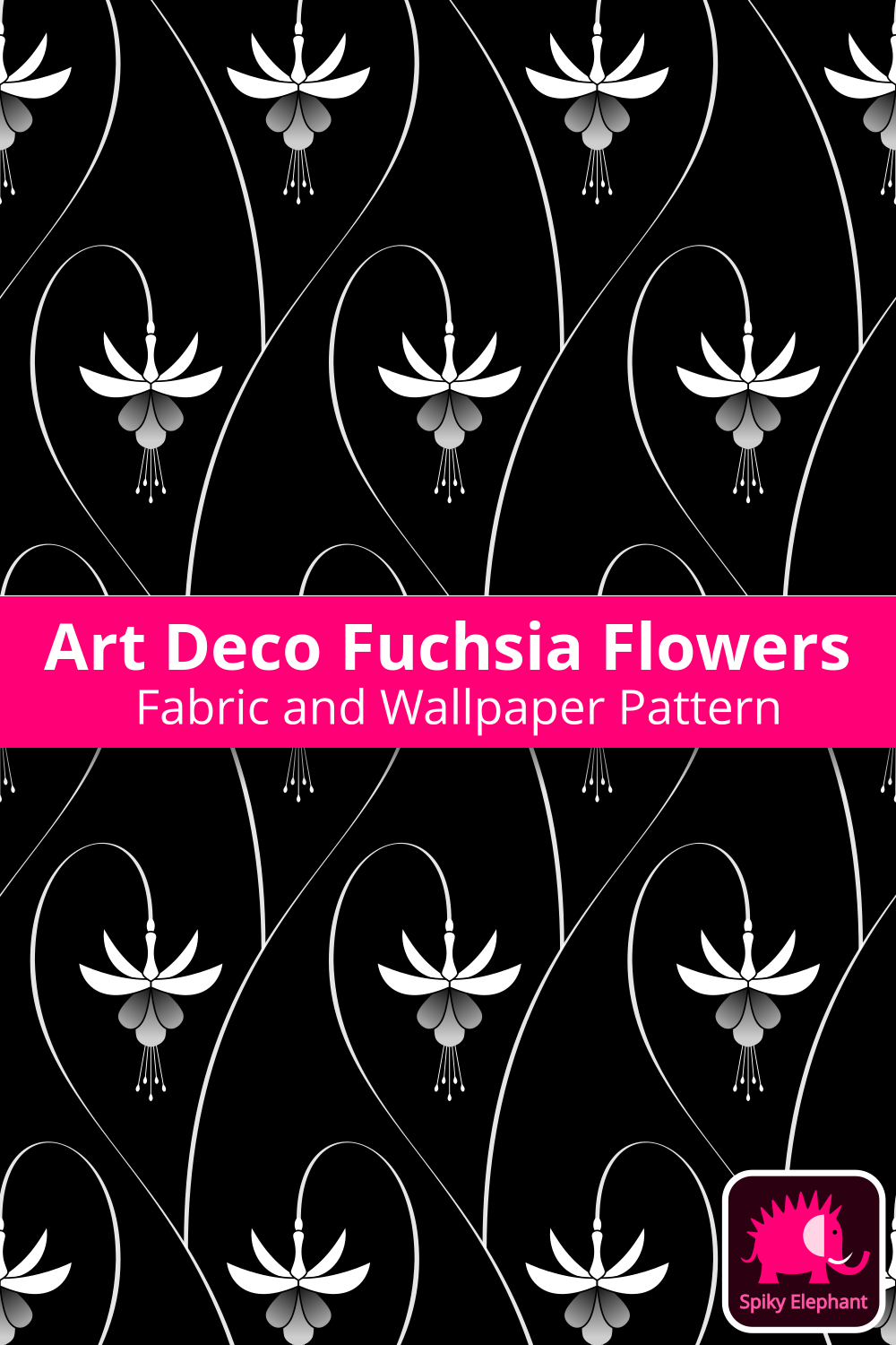 Art Deco Fuchsia Flowers - White, Black wallpaper and fabric - White, Black