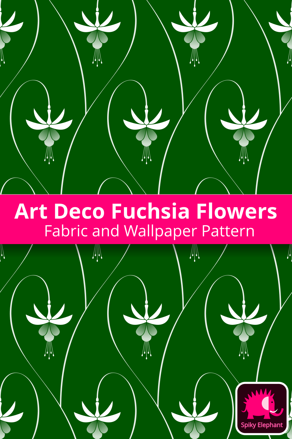 Art Deco Fuchsia Flowers - White, Dark Green wallpaper and fabric - White, Dark Green