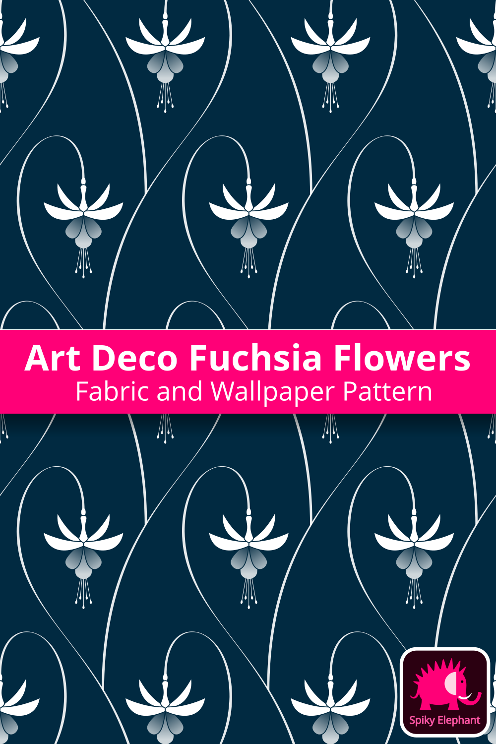 Art Deco Fuchsia Flowers - White, Dark Navy Blue wallpaper and fabric - White, Dark Navy Blue