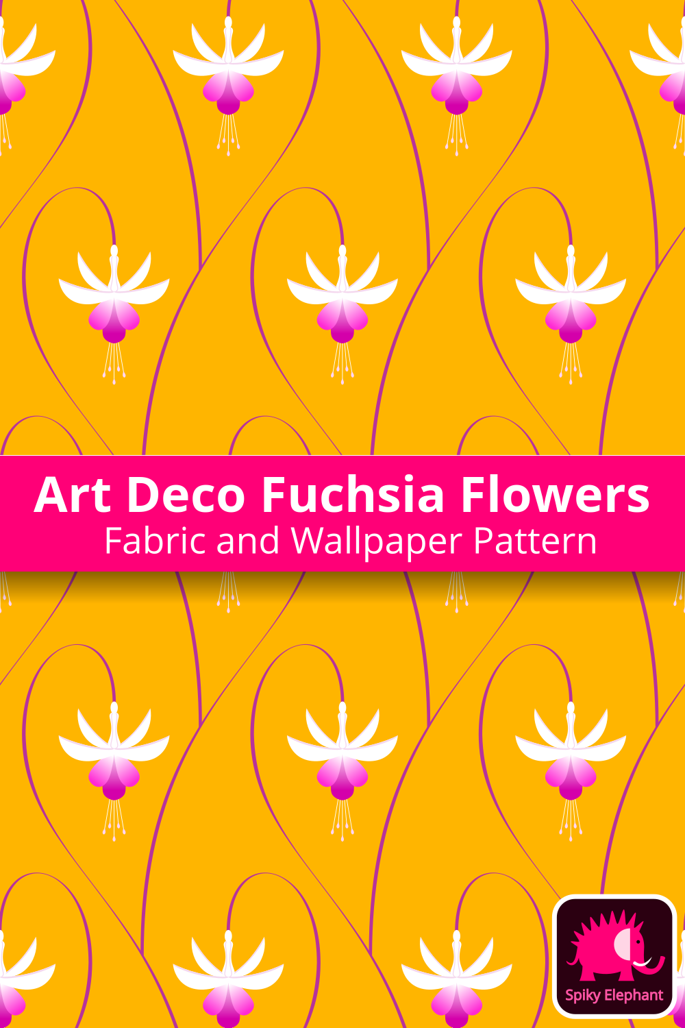 Art Deco Fuchsia Flowers - White, Pink, Golden Yellow Orange wallpaper and fabric - White, Pink, Golden Yellow Orange