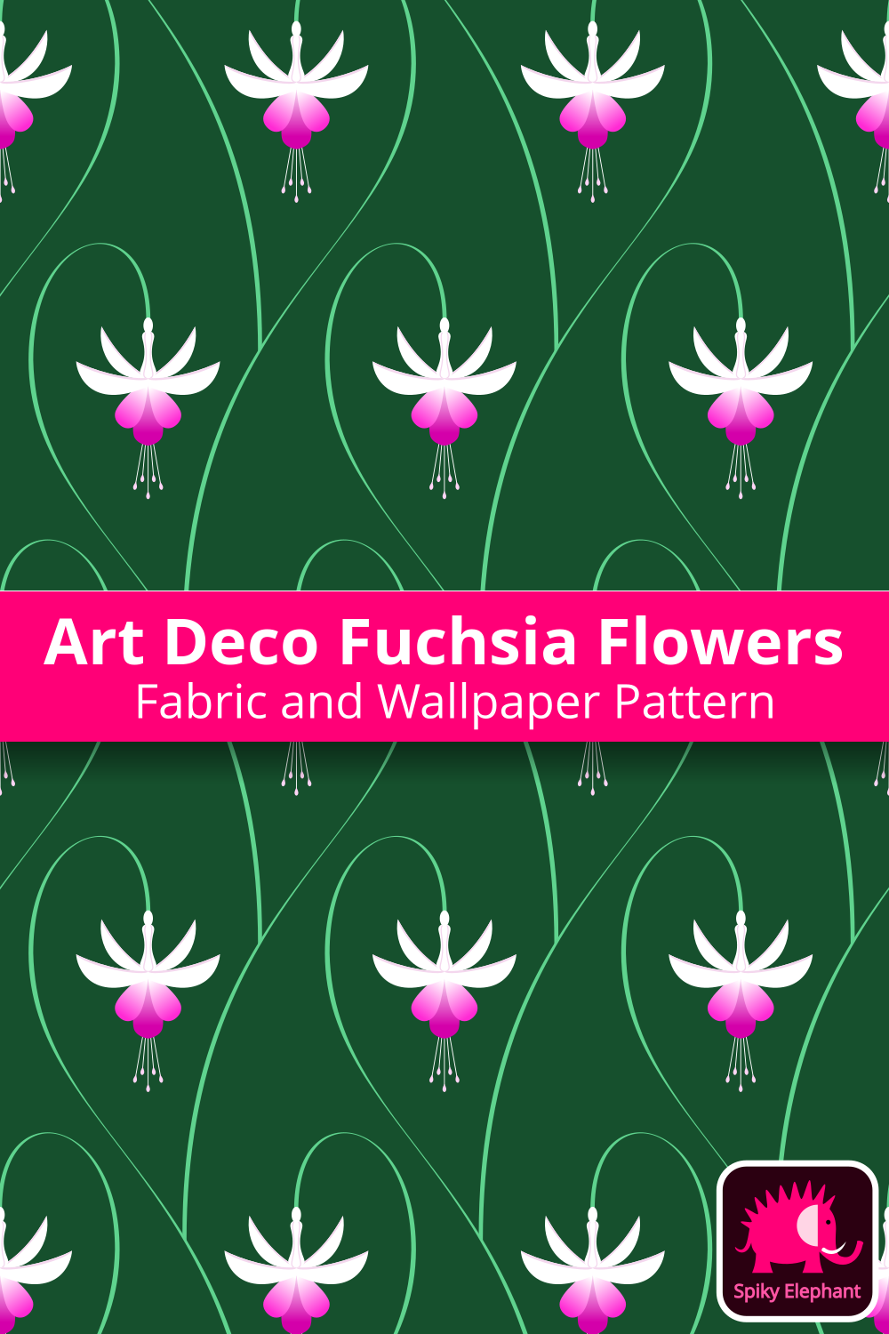 Art Deco Fuchsia Flowers - White, Pink, Green wallpaper and fabric - White, Pink, Green