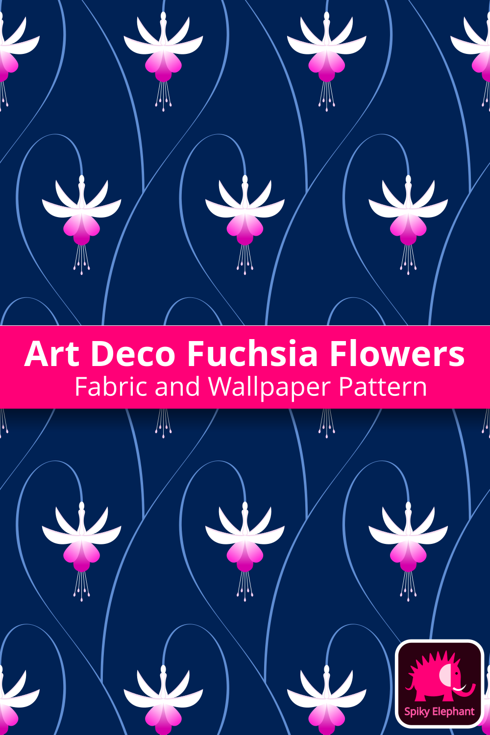 Art Deco Fuchsia Flowers wallpaper and fabric - White, Pink, Navy Blue