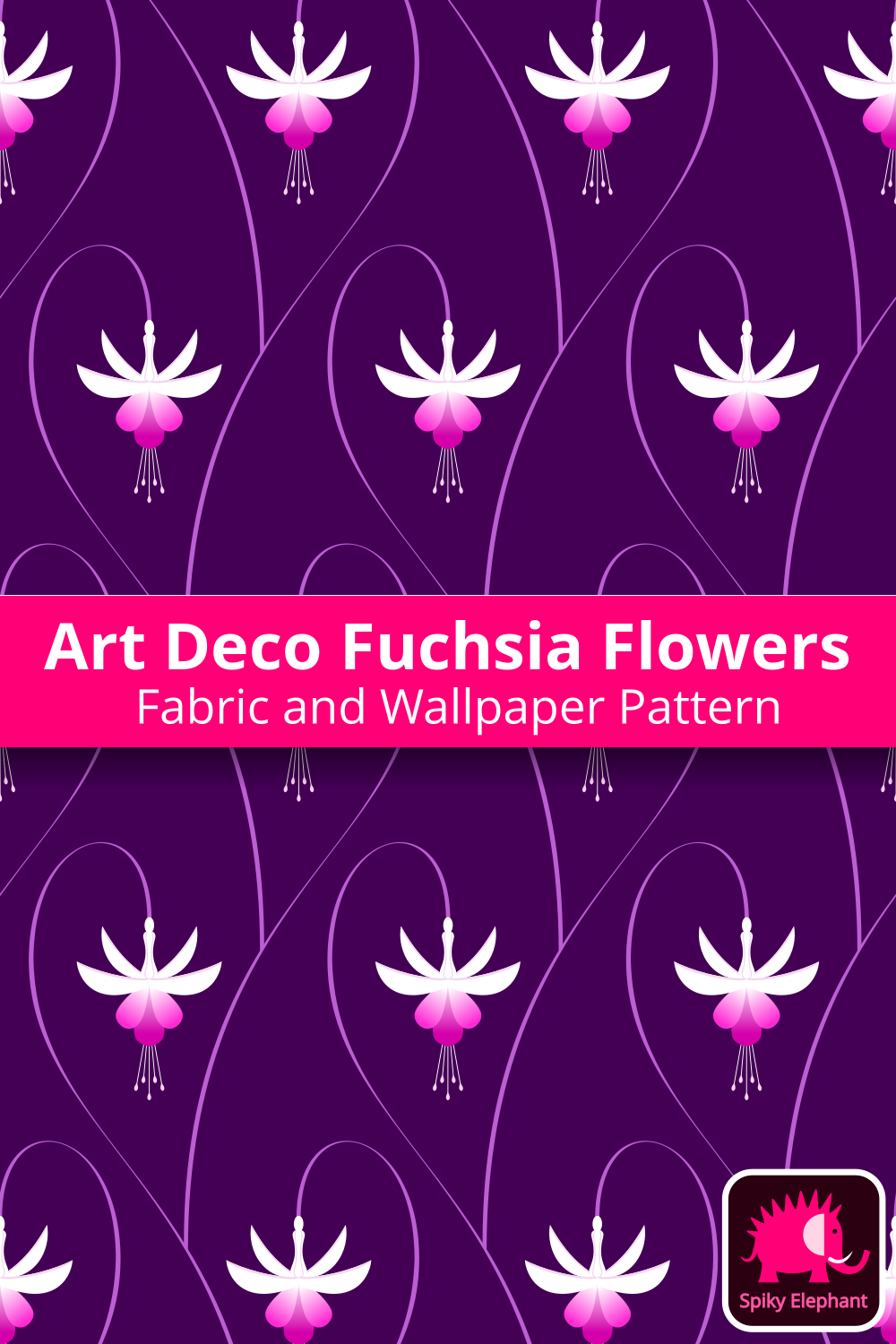 Art Deco Fuchsia Flowers - White, Pink, Purple / Violet wallpaper and fabric - White, Pink, Purple / Violet