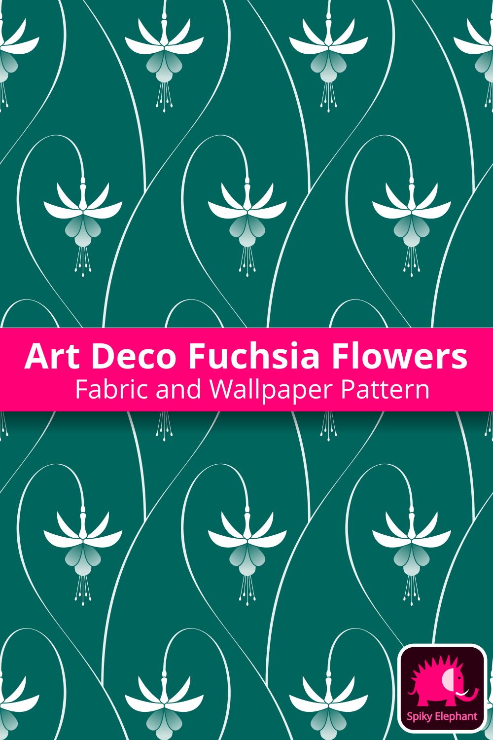 Art Deco Fuchsia Flowers - White, Teal wallpaper and fabric - White, Teal