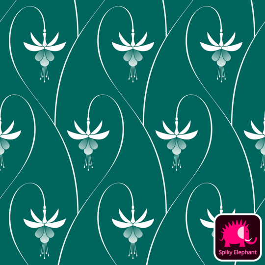 Art Deco Fuchsia Flowers wallpaper and fabric - White, Teal