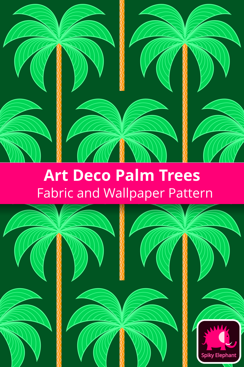 Art Deco Palm Trees - Emerald Green, Orange, Dark Green wallpaper and fabric - Emerald Green, Orange, Dark Green