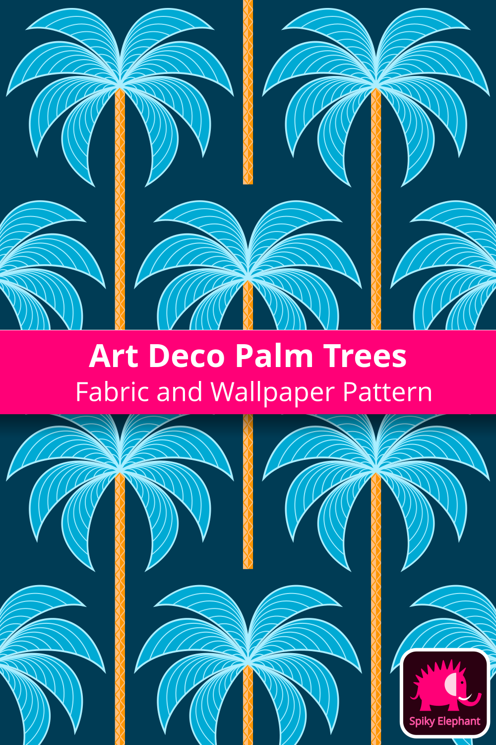 Art Deco Palm Trees wallpaper and fabric - Olympic Blue Cyan, Orange, Dark Prussian Blue