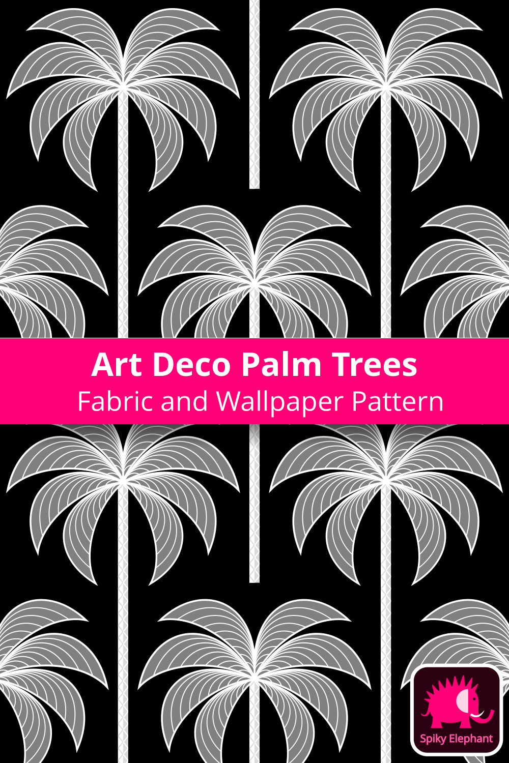 Art Deco Palm Trees - White on black wallpaper and fabric - White on black