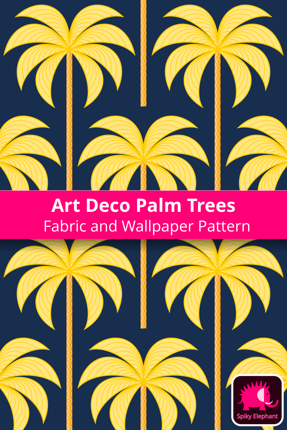 Art Deco Palm Trees - Yellow Gold, Orange Gold, Dark Aegean Blue wallpaper and fabric - Yellow Gold, Orange Gold, Dark Aegean Blue