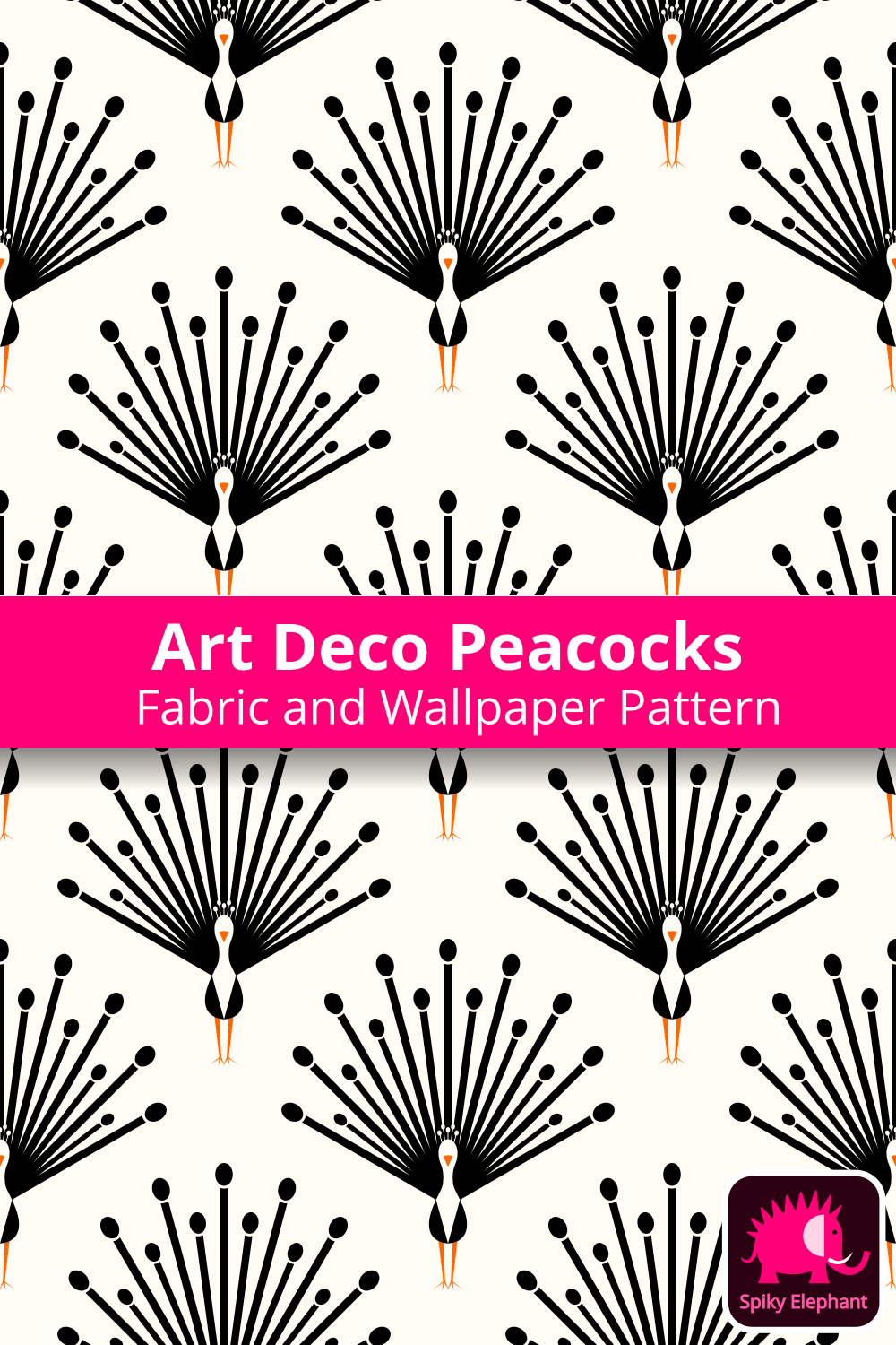 Art Deco Peacocks wallpaper and fabric - Black, Orange, Cream White