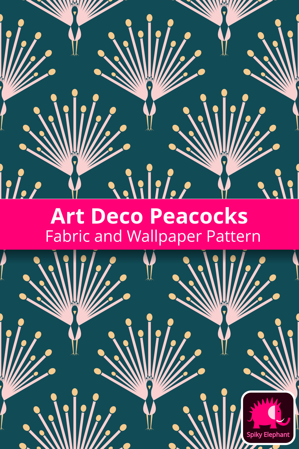 Art Deco Peacocks - Light Pink, Gold, Teal wallpaper and fabric - Light Pink, Gold, Teal