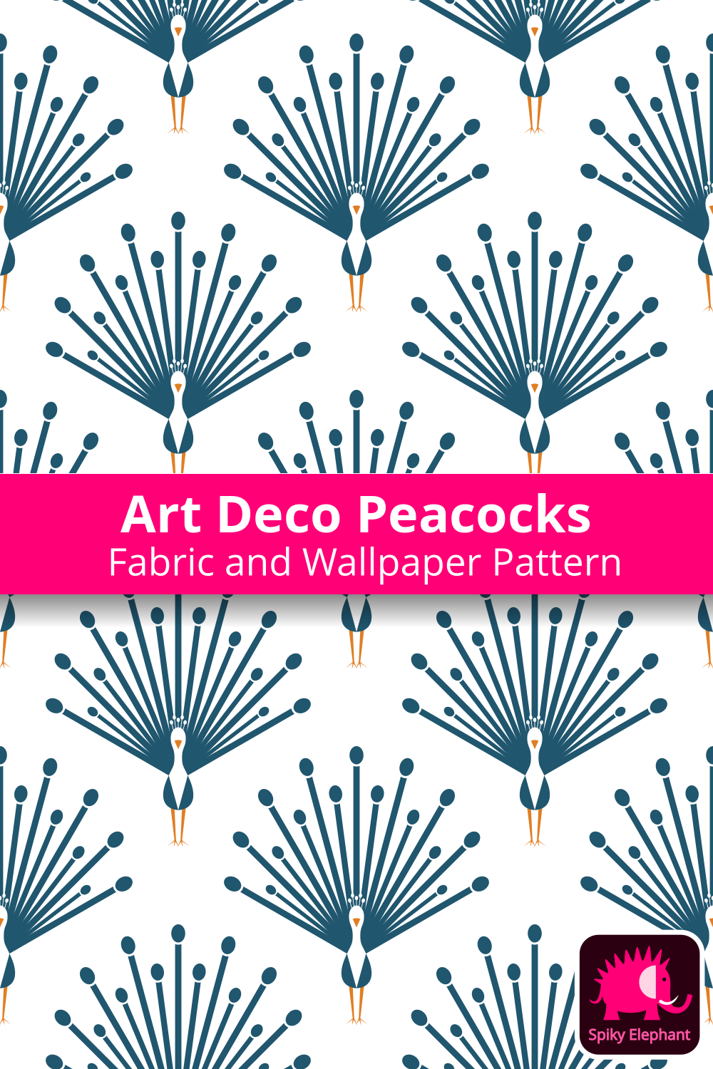 Art Deco Peacocks - Navy Teal, Orange, White wallpaper and fabric - Navy Teal, Orange, White