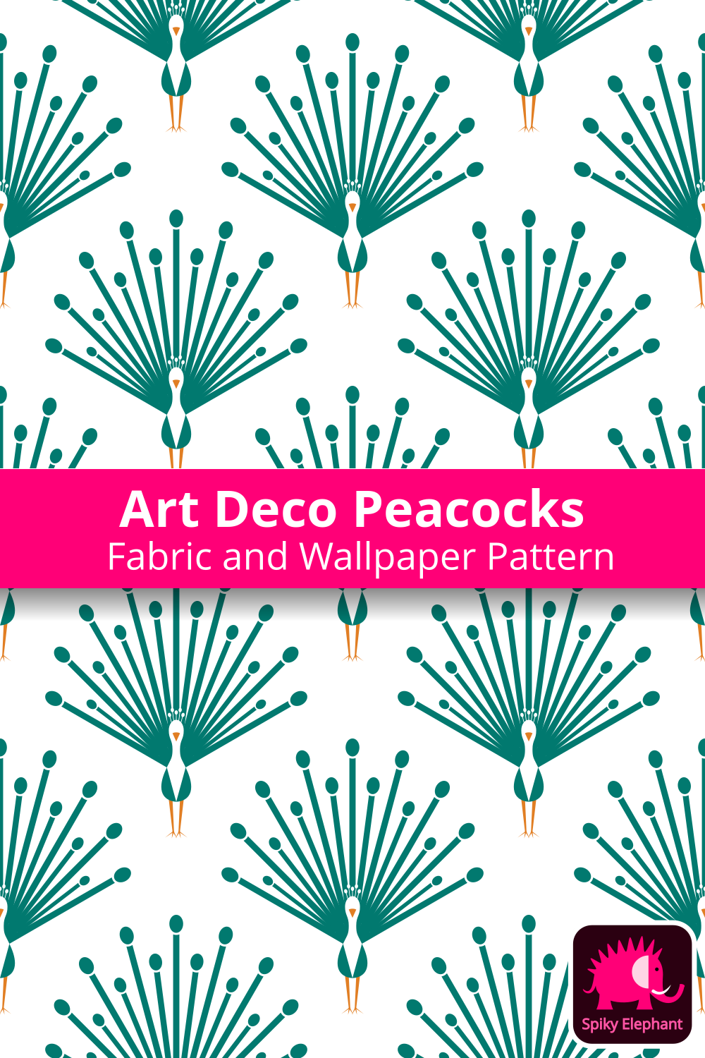 Art Deco Peacocks - Pine Green, Orange, White wallpaper and fabric - Pine Green, Orange, White