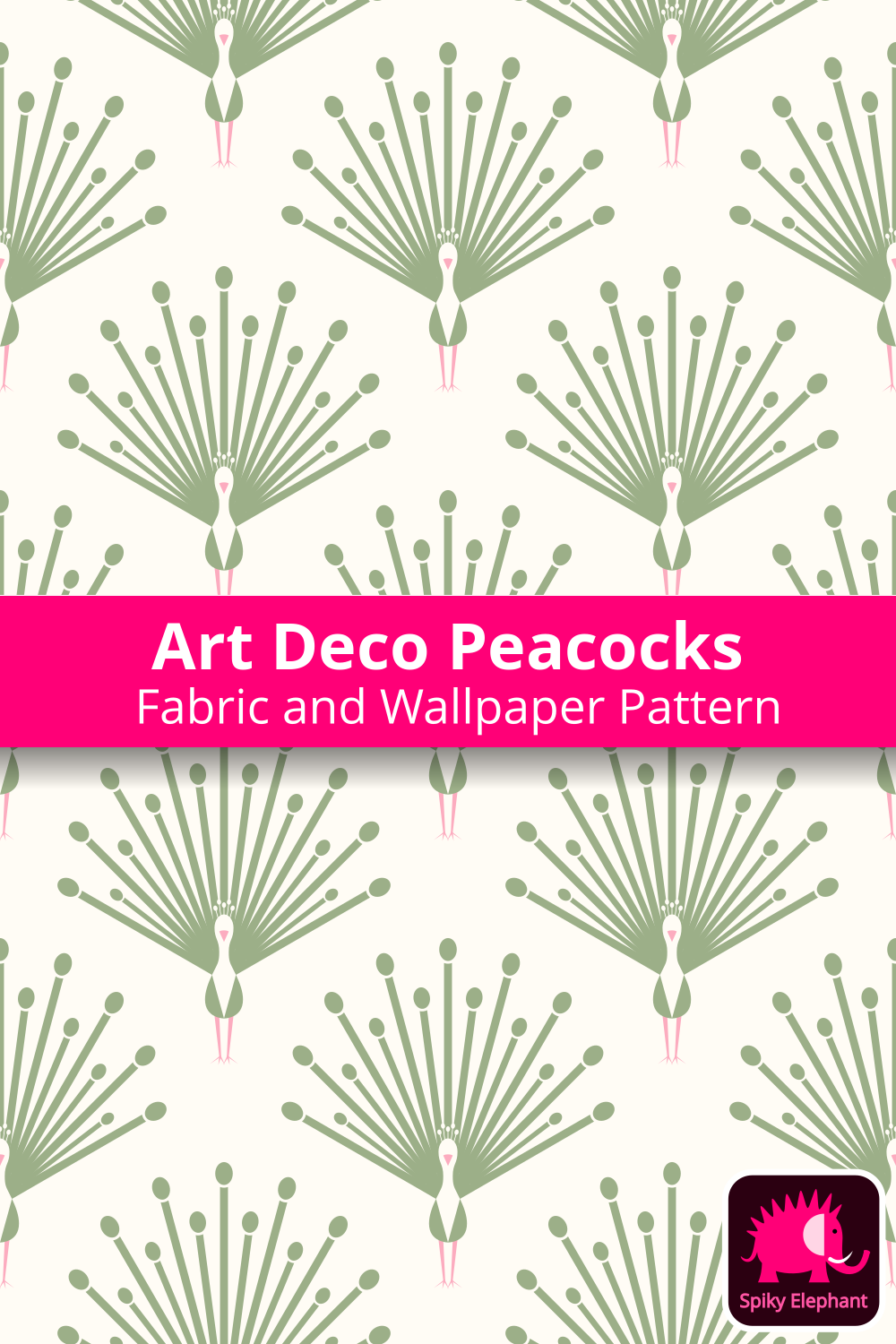 Art Deco Peacocks - Sage Green, Pink, Cream White wallpaper and fabric - Sage Green, Pink, Cream White